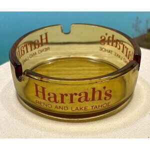 Harrahs Amber Glass Ashtray Reno Lake Tahoe Nevada Casino Vintage Souvenir
